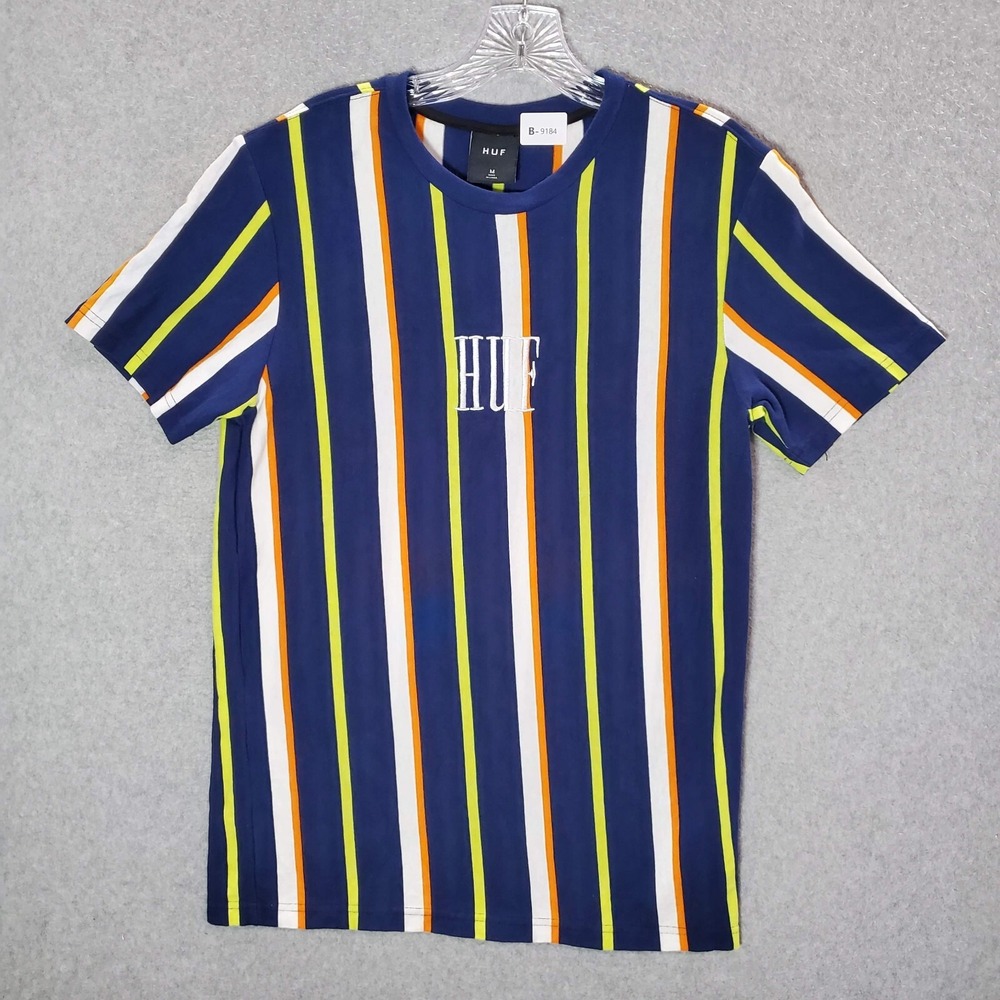 Huf Men Shirt M Blue Striped Logo Embroidered Short Sleeve Crew Neck